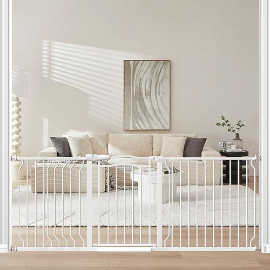 Extra Wide Dog Gate for Doorways 72-81.5 in, Walk Through Long Baby Gates for Large Openings, No Drill Child Safety Gate for Pets Kids Toddler, Doggy Barrier Indoor Metal, 30" Tall White-PawvioPets