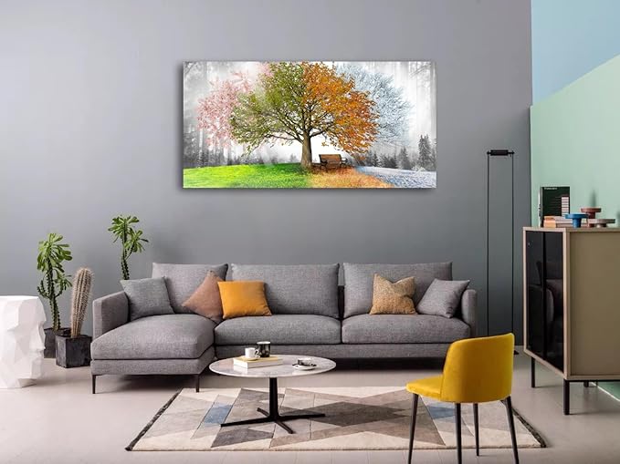 Canvas Prints Wall Art Decor Large Four Seasons Tree Picture 1 Panel Spring Summer Autumn Winter Tree Painting Artwork for Dining Room Kitchen Home Decor Stretched and Framed Ready to Hang-PawvioPets