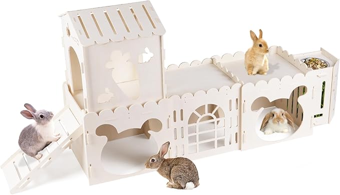 Extra Large Rabbit House, Wooden Bunny House Hideout with 4 Houses and Hay Feeder Indoor, Rabbit Guinea Pig Hideout Multistory Climbing Tower Sturdy Wooden Castle, Small Animal Hideaway Tunnel-PawvioPets