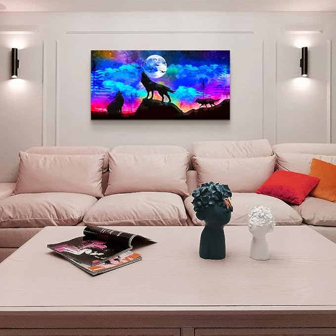 Canvas Wall Art For Living Room Family Wall Decor For Bedroom Modern Office Decorations Animal Wolf Wall Pictures Artwork Blue Starry Sky Scenery Painting Room Canvas Art Prints Home Decor 20" X 40"-PawvioPets