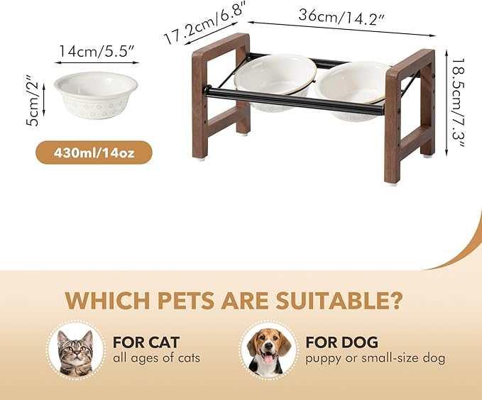 5.5inch Ceramic Adjustable Raised Double Bowls Set with Stand, 3 Heights Elevated, 2 Placement Options,Food and Water Dishes for Puppy, Cats（Double Bowls+Stand, Reactived Glaze -White-PawvioPets