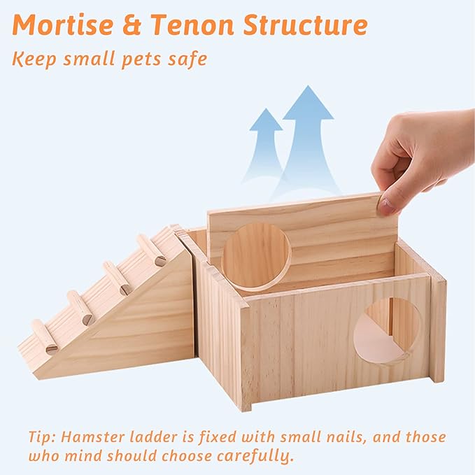 Fhiny Wooden Hamster Hideout for Small Animal, Gerbils Chamber Hut with Ladder Habitats Decor, Maze Climbing Toys for Dwarf Syrian Hamsters Mice and Other Small Pets-PawvioPets