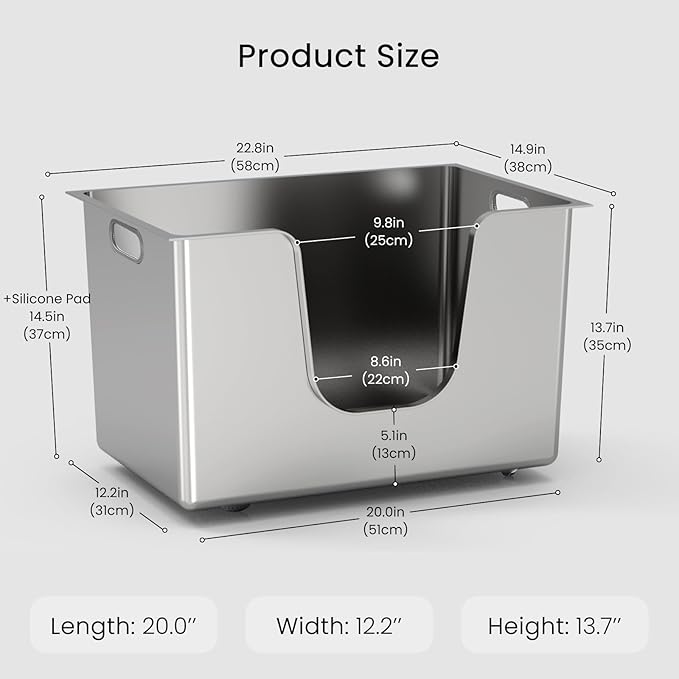 Enclosed Stainless Steel Cat Litter Box 13.8” High Sides, Extra Large Litter Box for Big Cats, XL Metal Kitty Litter Pan Pet Toilet with Wheels for Easy Mobility, Anti-Leakage, Non-Sticky, Easy Clean-PawvioPets