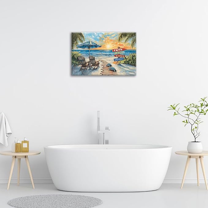 Beach Ocean Bathroom Pictures Wall Art, Seaside Coastal Bathroom Wall Decor, Sunrise Framed Painting Canvas Artwork for Bedroom Living Room Decorations 24"L x 16"W-PawvioPets