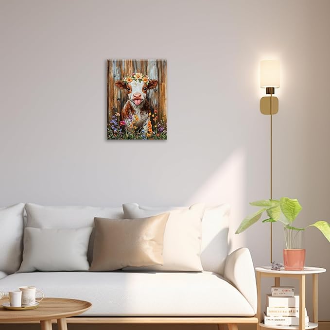 Funny Cow Bathroom Pictures Wall Art, Rustic Brown Cute Cow Bathroom Wall Decor, Farmhouse Floral Framed Painting Animal Flower Canvas Artwork for Bedroom Living Room Decorations 20"L x 16"W-PawvioPets