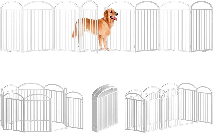 8 Panles Full Matel Freestanding Dog Gates with Door, 192"Extra Wide 32"Tall Free Standing Dog Pet Gate for Indoor & Outdoor. Foldable Pet Fences for Doorways, House, Stairs, Porch, Deck, Yard-PawvioPets