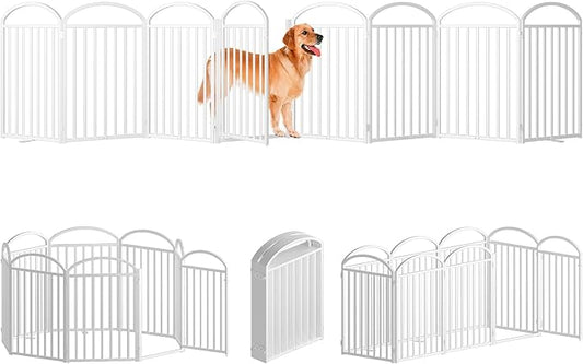 8 Panles Full Matel Freestanding Dog Gates with Door, 192"Extra Wide 32"Tall Free Standing Dog Pet Gate for Indoor & Outdoor. Foldable Pet Fences for Doorways, House, Stairs, Porch, Deck, Yard-PawvioPets