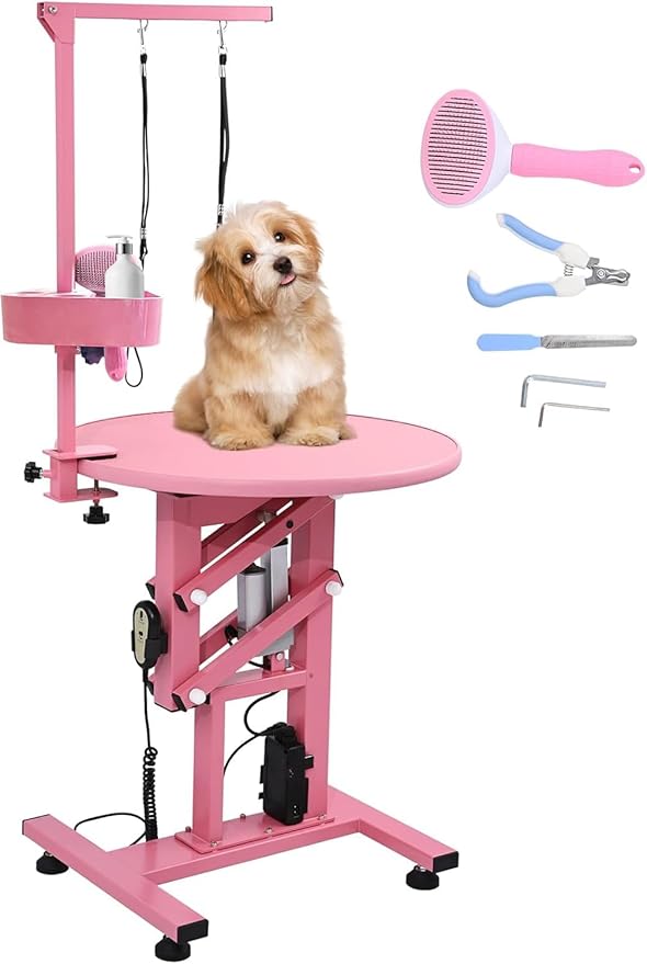 Electric Hydraulic Lift Pet Dog Grooming Table, 24Inch Grooming Desktop for Small Dogs, with Overhead Arm, Wireless Remote, Tool Organizer, Pink-PawvioPets