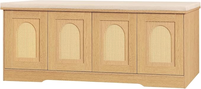 DINZI LVJ Shoe Bench, Entryway Storage Bench with Doors, Cushion, 2-Tier Shoe Rack with 8-Cubby, 47.2”L x 13.8”W Shoe Organizer Cabinet, Adjustable Shelf, Living Room, Bedroom, Natural with Rattan-PawvioPets