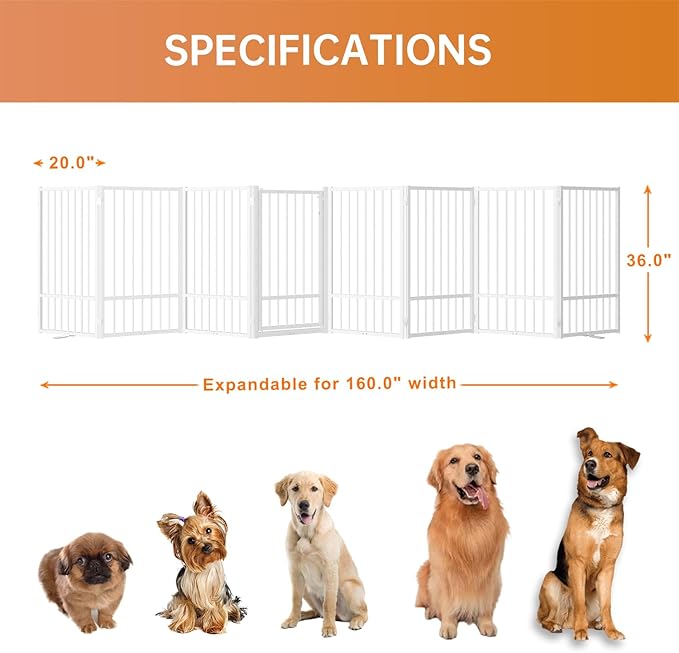 Full Metal Freestanding Dog Gate with Door, 36''Height Foldable Pet Dog Fence for Indoor & Outdoor, 8 Panels Extra Wide Free Standing TallDog Gates for Doorways,House,Stairs,Porch,Deck,Yard-PawvioPets