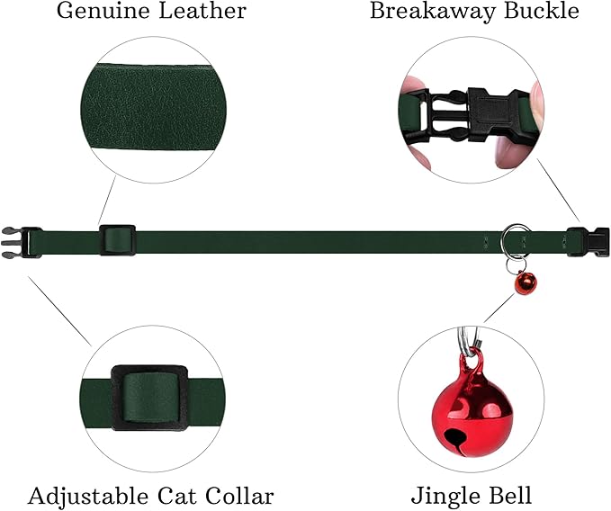 Breakaway Cat Collar Leather with Removable Bell - 13 Colors Available - Soft Adjustable Girl Boy Safety Lightweight Pet Kitten Collars Pink Brown Blue Green Red Orange Black (Emerald)-PawvioPets