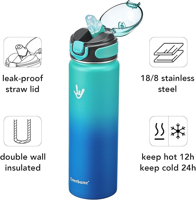 Enerbone 24 oz Insulated Water Bottle, Stainless Steel Bottle with Carrying Strap, Double-Wall Vacuum Insulation Design, Leakproof Sports Bottle with Straw, Keep Drinks Cold or Hot for Hours-PawvioPets