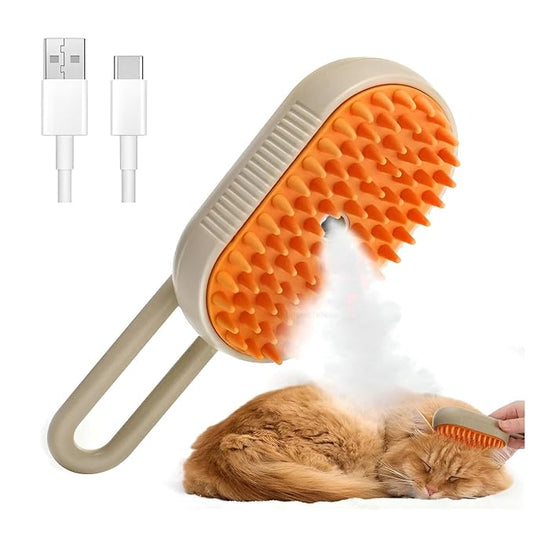 4-in-1 Cat Steam Brush for shedding–Self-Cleaning Comb for Long and Short Hair Cats and Dogs, Steam Pet Brush for Hair Removal, Vibrating Message, Grooming & Relaxation (Khaki)-PawvioPets