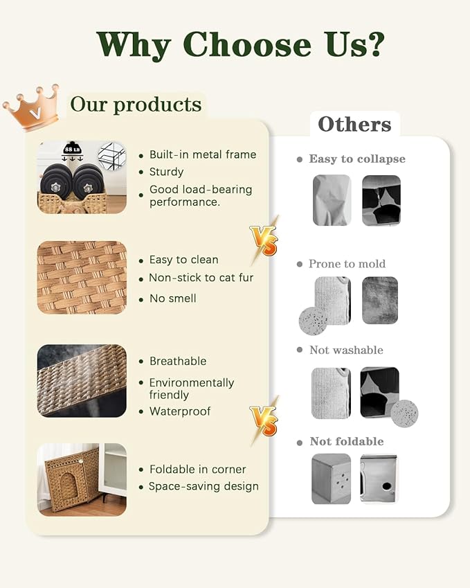 Cat Beds Indoor Kitten House, Handwoven Rattan Cat Cave Pet Cube, Large Cat Houses, One Bed Mat, Foldable, Hideaway, 16.5x16.5x13.2 Inches, 2 S-Shaped Hooks in Living Room Bedroom Natural-PawvioPets