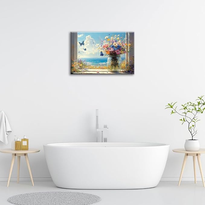 Beach Floral Bathroom Pictures Wall Art, Colorful Flower Bathroom Wall Decor, Coastal Ocean Framed Painting Canvas Artwork for Bedroom Living Room Decorations 24"L x 16"W-PawvioPets