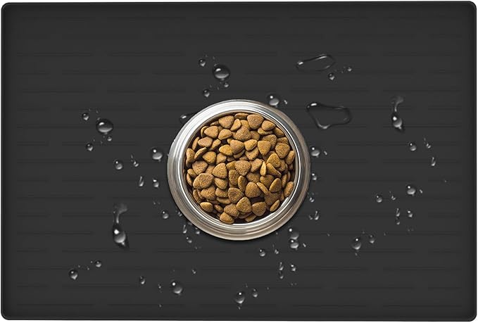 24" x 16" Dog Food Mat, Silicone Pet Mats for Food and Water, Nonslip Pet Feeding Mats for Floors, Dog Cat Bowl Mat with Raised Edges, Black-PawvioPets