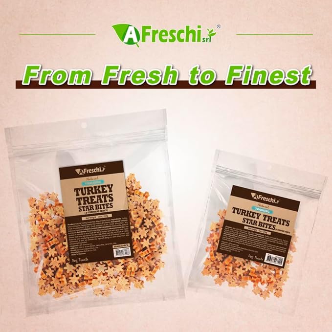 Afreschi Natural Turkey Treats Star Bites –6 oz, Hexagonal Shape, USA-Sourced Trukey, All-Natural, Hypoallergenic, Low-Fat, Healthy & Easily Digestible, Puppy & Training Snack & Small Dogs-PawvioPets