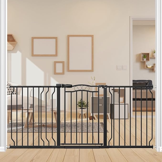 62.2-71.6" Extra Wide Baby Gate for Stairs No Drilling, 30" Tall Auto Close Press Mounted Baby Gate for Doorways, Adjustable Width Walk Through Long Gates for Kids or Pets, Black-PawvioPets