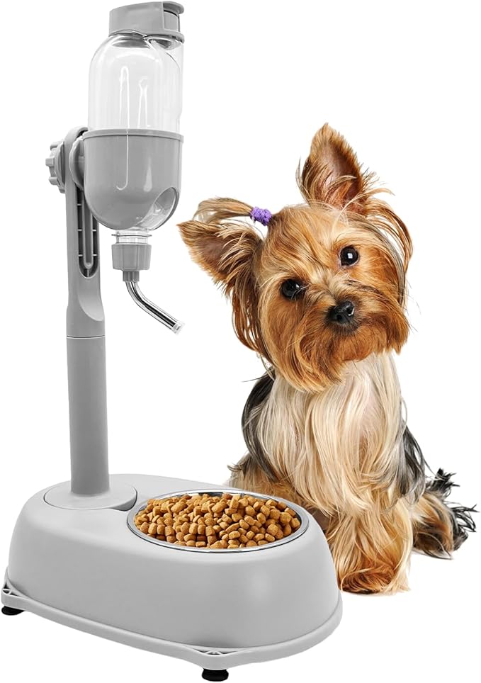 Fhiny Dog Water Feeder Bottle with Stand, Dispenser Automatic Water Food Bowl for Cage Leak-Proof No-Drip Adjustable Raised Pet Slow Water Bottle Dog Kennel Durable Drinker Container-PawvioPets