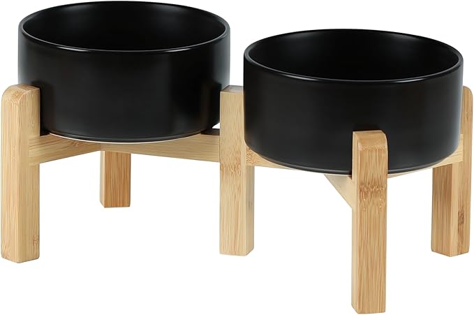 Ceramic Raised Double Bowls Set with Stand, 2 Heights Elevated, Food & Water Bowls for Small Breed Dogs, Weighted Dog Dishes, Pet Bowl(6.1'',28.7oz, Black)-PawvioPets