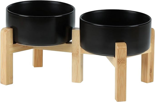 Ceramic Raised Double Bowls Set with Stand, 2 Heights Elevated, Food & Water Bowls for Small Breed Dogs, Weighted Dog Dishes, Pet Bowl(6.1'',28.7oz, Black)-PawvioPets