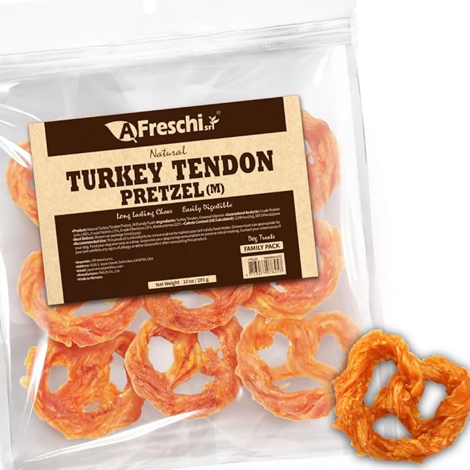 Afreschi Natural Turkey Tendon Pretzel (M) 10 oz, USA-Sourced Turkey Tendon, All Natural Puppy Chew, Hypoallergenic, Rawhide Alternative, for Medium Breeds-PawvioPets