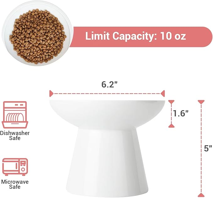 Extra Wide Elevated Ceramic Cat Bowl, 6.2" Shallow Dish for Whisker Fatigue Relief, 5" Height for Easy Feeding, Durable Raised Cat Food Bowls, Pack of 2, White-PawvioPets