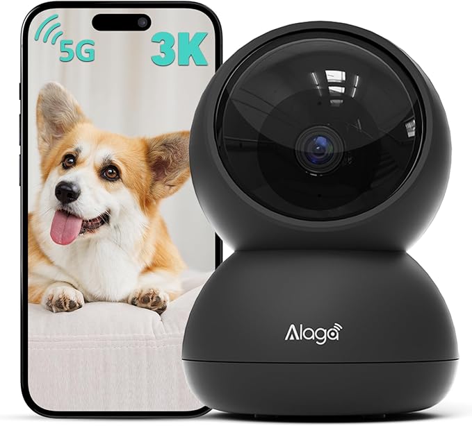 Alaga 3K Pet Camera, Dog Monitor with Phone App, 360° Pan/Tilt, Night Vision, Speaker, WiFi Cameras for Dog/Cat, Compatible with Alexa & Google Assistant, Black, Includes 1-Year Pet Time Album-PawvioPets