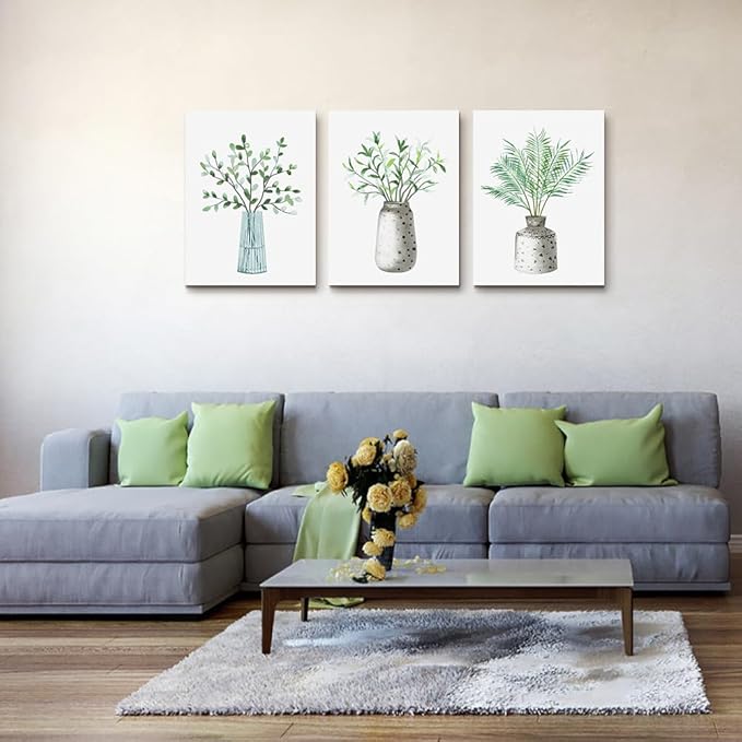 AHUASJART Canvas Wall Art Paintings For Kitchen Dining Room Large Size Wall Decor Living Room Wall Decoration For Bedroom Office Decor Green Leaf Vase Wall Pictures Artwork For Home Walls 3 Piece-PawvioPets