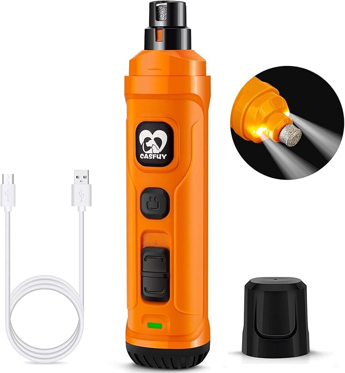 Casfuy Dog Nail Grinder with 2 LED Light - New Version 2-Speed Powerful Electric Pet Nail Trimmer Professional Quiet Painless Paws Grooming & Smoothing for Small Medium Large Dogs and Cats (Orange)-PawvioPets