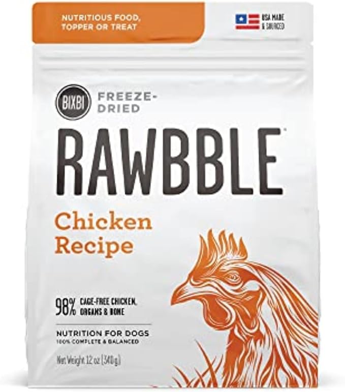 BIXBI Rawbble Freeze Dried Dog Food, Chicken Recipe, 12 oz - 98% Meat and Organs, No Fillers - Pantry-Friendly Raw Dog Food for Meal, Treat or Food Topper - USA Made in Small Batches-PawvioPets