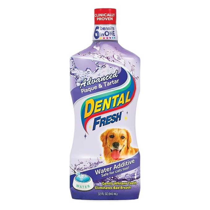 Dental Fresh Advanced Plaque and Tartar Water Additive, 32oz – Dog Teeth Cleaning Formula to Freshen Breath and Improve Cat & Dog Dental Care-PawvioPets