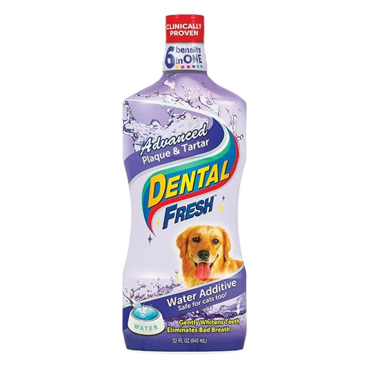 Dental Fresh Advanced Plaque and Tartar Water Additive, 32oz – Dog Teeth Cleaning Formula to Freshen Breath and Improve Cat & Dog Dental Care-PawvioPets