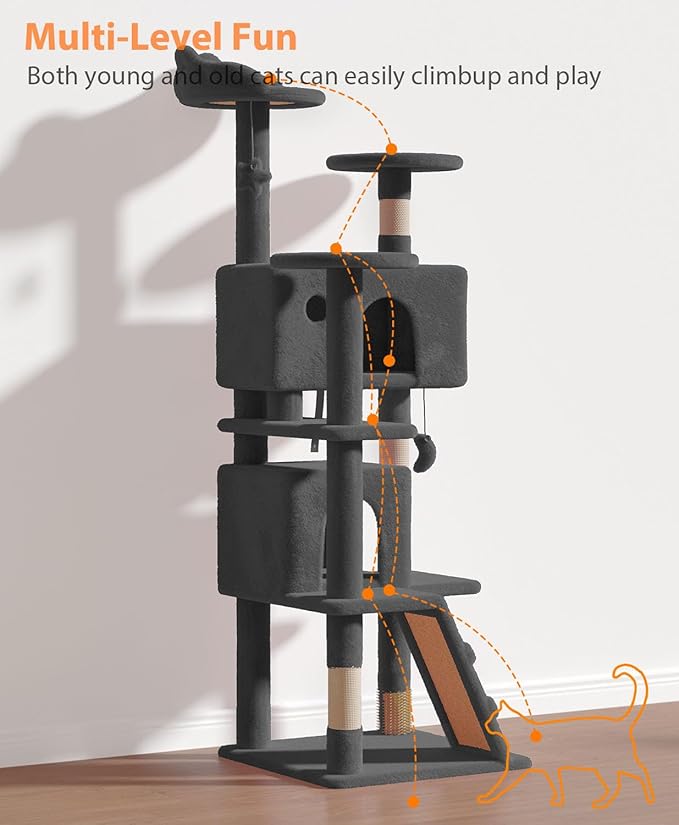 60" Cat Tree Tower for Indoor Cats Large Adult,Cute/Tall Modern Cat Tree for Big Cats 20 lbs, Plush Multi-Level Cat Condo with Scratching Posts,Dangling Ball (Smoky Gray, 60 inch)-PawvioPets