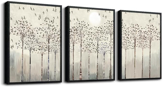 Black Framed Wall Art for Living Room Bedroom Wall Decor office Wall Decorations trees and birds Abstract Wall Paintings Sunrise and sunset Wall Pictures Artworks Modern 3 Piece Framed Prints Art-PawvioPets