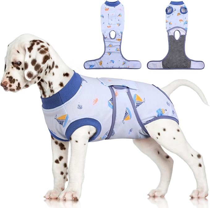 FUAMEY Recovery Suit for Dogs After Surgery,Soft Breathable Dog Bodysuit E-Collar & Cone Alternative Surgical Suit,Male Female Dog Neuter Spay Suits Anti Licking Wounds Onesie Blue Boat XS-PawvioPets