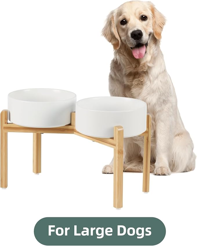 Ceramic Raised Double Bowls Set with Stand, Food & Water Bowls for Large Breed Dogs, Weighted Dog Dishes, Pet Bowl(8.2'',60OZ, White)-PawvioPets