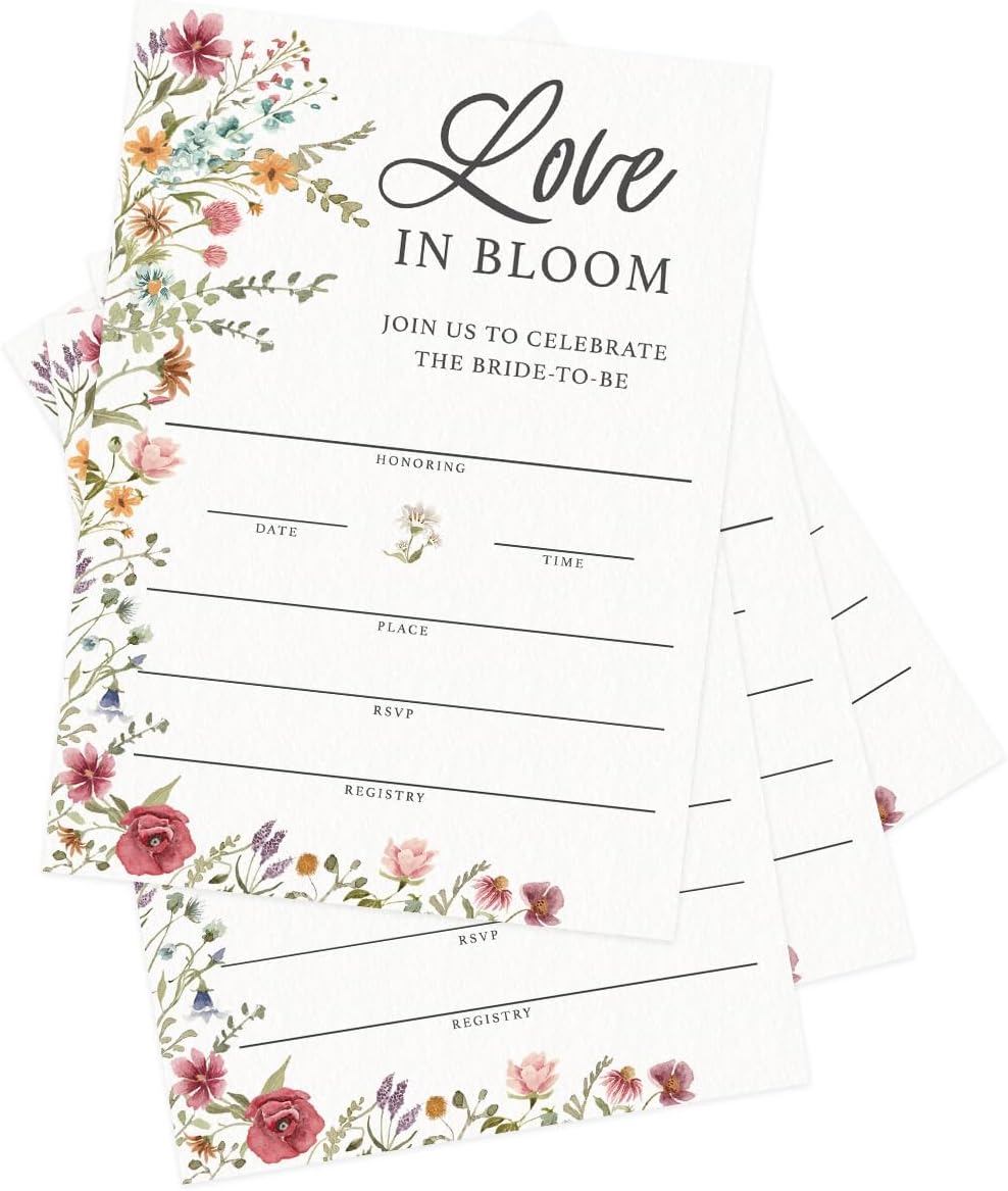 Printed Party Bridal Shower Invitations and Envelopes, Wildflower Theme, Love In Bloom Design, Set of 30