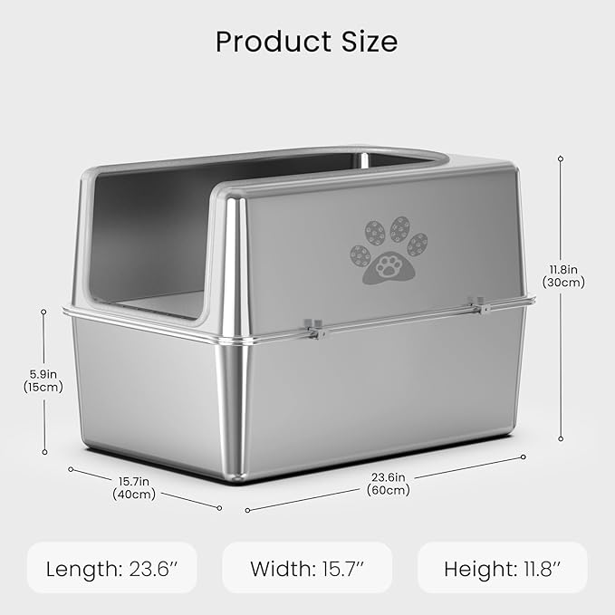 Enclosed Stainless Steel Cat Litter Box with Lid, Metal Litter Box for Big Cats, Extra Large Cat Toilet with High Side, Non-Stick, Anti-Leakage, Odorless, with Cats Litter Mat & Litter Scoop-PawvioPets