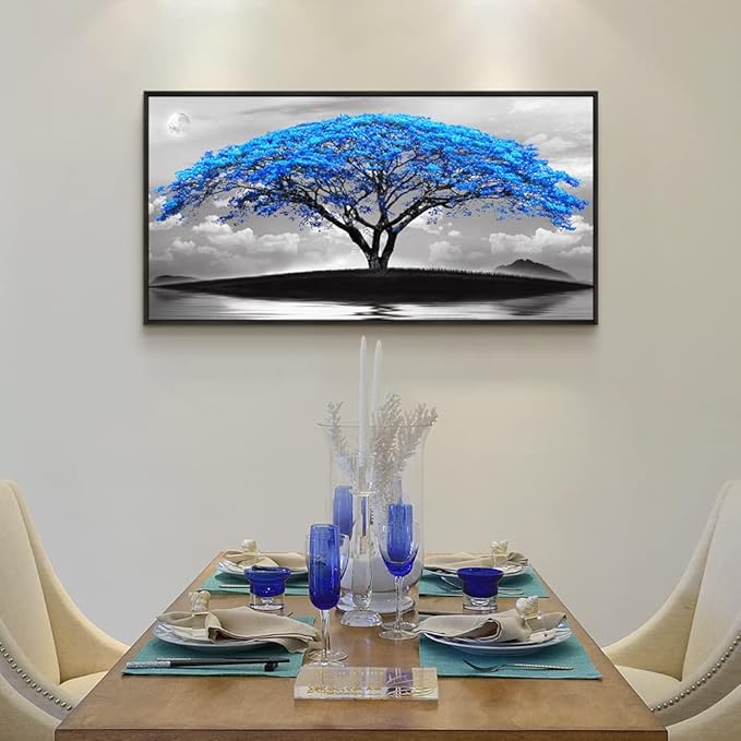 Framed Canvas Wall Art For Office Large Size Living Room Wall Decor Bedroom Decor Wall Pictures Artwork Black And White Landscape Blue Tree Moon Wall Painting Home Decorations Black Frame 24" X 48"-PawvioPets