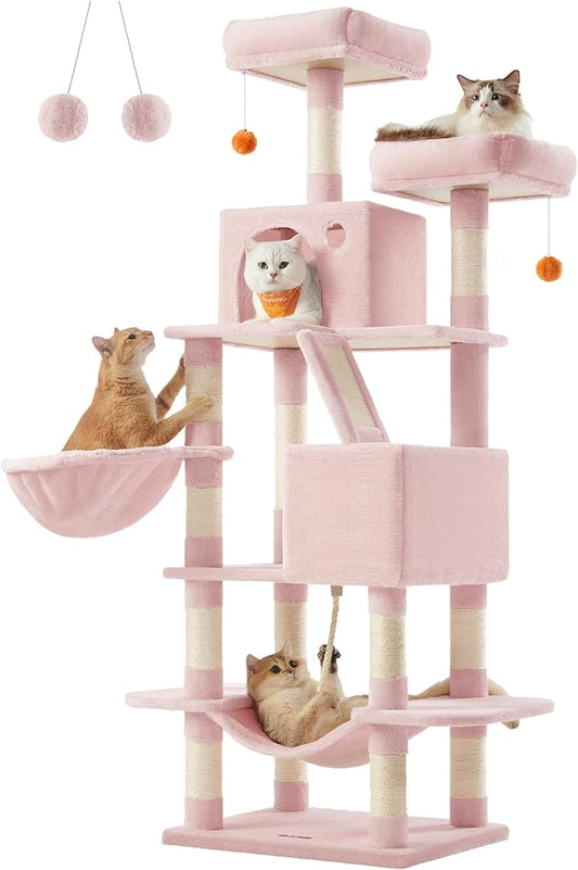Feandrea Cat Tree, 66.1-Inch Large Cat Tower with 13 Scratching Posts, 2 Perches, 2 Caves, Basket, Hammock, Pompoms, Multi-Level Plush Cat Condo for Indoor Cats, Jelly Pink UPCT165P01-PawvioPets