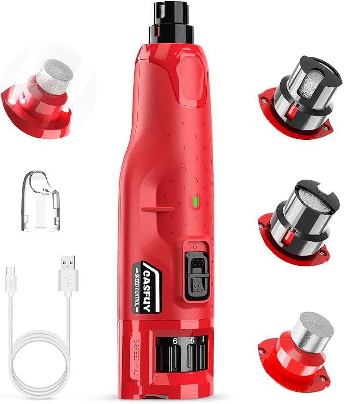 Casfuy Dog Nail Grinder Quiet - (45db) 6-Speed Pet Nail Grinder with 2 LED Lights for Large Medium Small Dogs/Cats, Professional 3 Ports Rechargeable Electric Dog Nail Trimmer with Dust Cap(Red)-PawvioPets