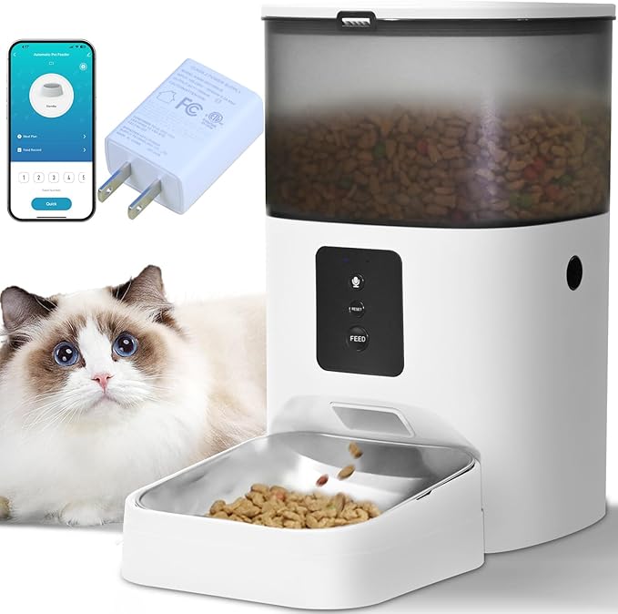 2.4G WiFi Automatic Cat Feeder, 4L Food Dispenser with 10s Voice Recorder, Pet Feeder up to 10 Meals per Day, Timed Cat Feeder with Dry Food Sealed Ring (White, 4L-WiFi)-PawvioPets