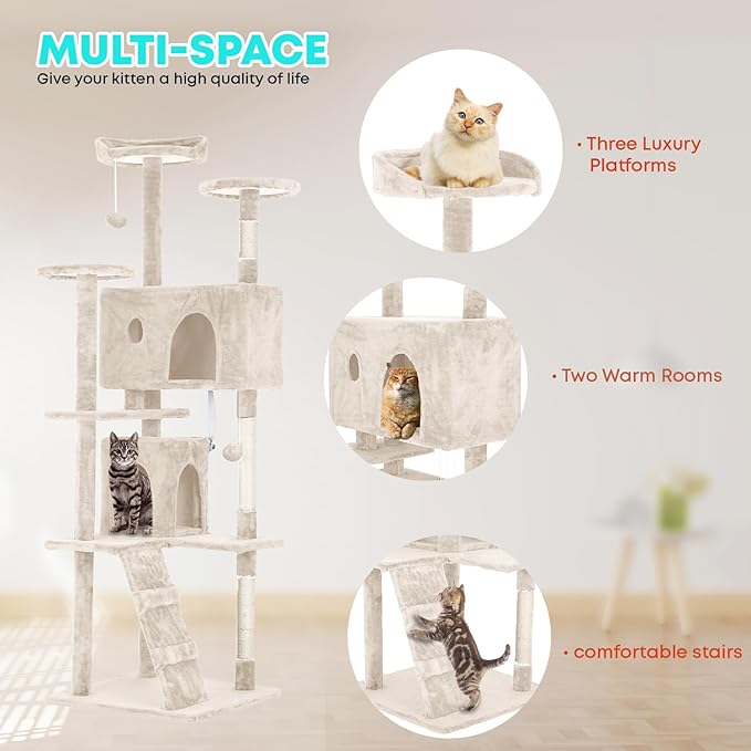 FDW Cat Tree 70in Cat Tower Multi-Level Durable Cat Scratching Post & Cozy Fun Cat Jumping Platform Space Saving Cat Condo Pet Play House for Indoor Cats,Beige-PawvioPets