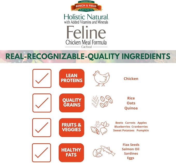 Bench & Field Holistic Natural Premium Adult Dry Cat Food, Chicken Meal and Brown Rice Recipe 25 lb Bag (Pack of 1)-PawvioPets