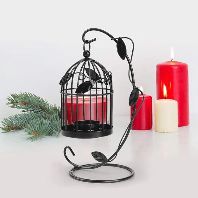Birdcage Candle Holder, Hanging Candle Holder Decorative Bird Cages Bird Cage Decor Vintage Metal Candlestick for Wedding, Party(Black)-PawvioPets