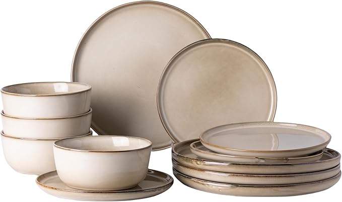 GBHOME Ceramic Dinnerware Sets for 4, 12 Pieces Stoneware Plates and Bowls Sets, Scratch Resistant Dishes, Dishwasher & Microwave Safe, Reactive Glaze-Cappuccino-PawvioPets