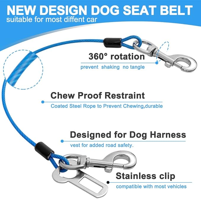 Dog Seat Belt Harness for Car,2pcs Dog Seatbelt of Coated Wire Leash Safety Restraint,No Chew Tether Cable Vehicle Dog Accessories,Double Clips & Latch (2 Pack Red+Blue, 24 inch/60 CM)-PawvioPets