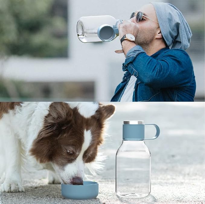 Asobu Buddy Bottle a Stainless Steel Insulated Water Bottle for with Removable Dog Water Bowl and Dog Food and Treat Storage Bowl (Blue, Tritan 50 oz Water Bottle with Bowl)-PawvioPets