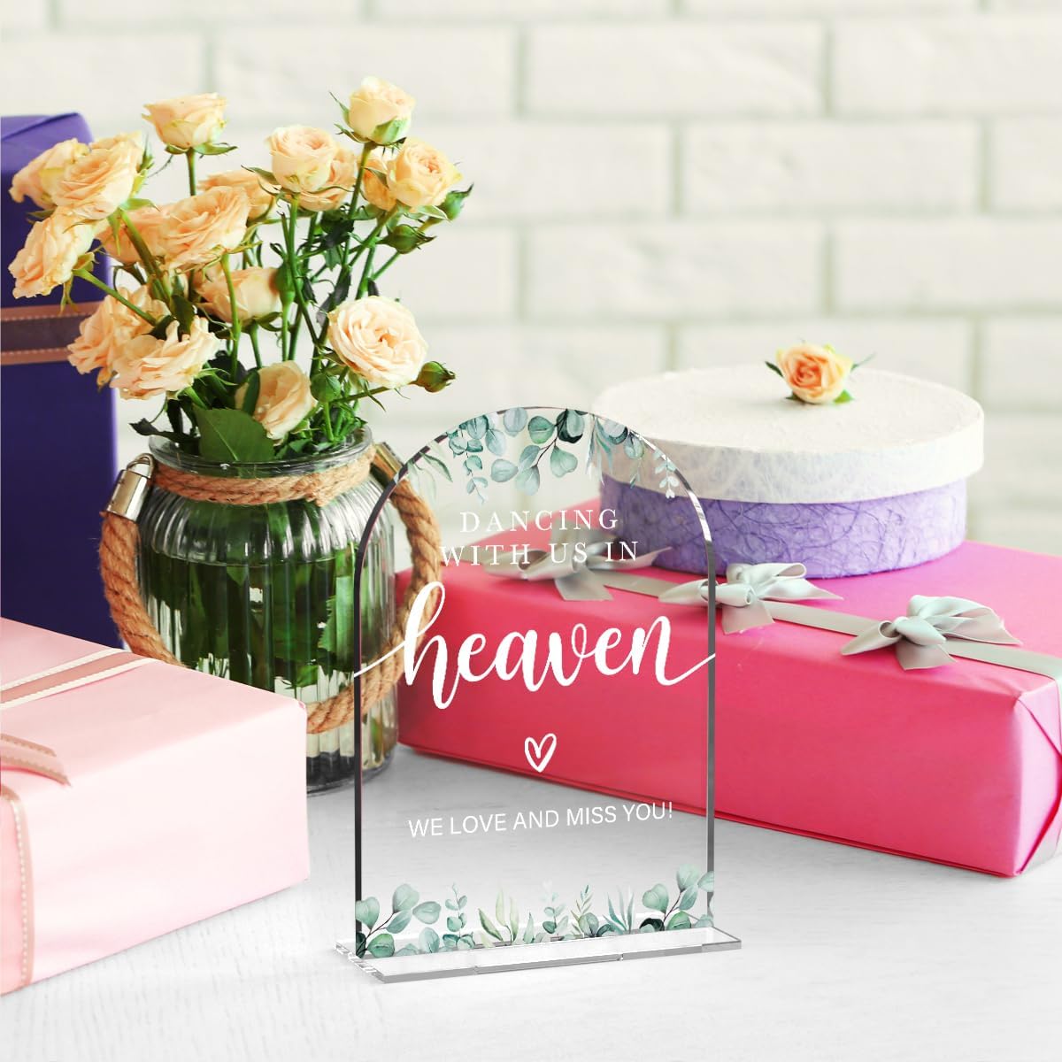 Acrylic Wedding Sign Dancing With Us In Heaven Signs for Ceremony Modern Calligraphy Arch Acrylic Table Top Signs for Wedding Reception and Event Party Table Decor (Eucalyptus Leaves)